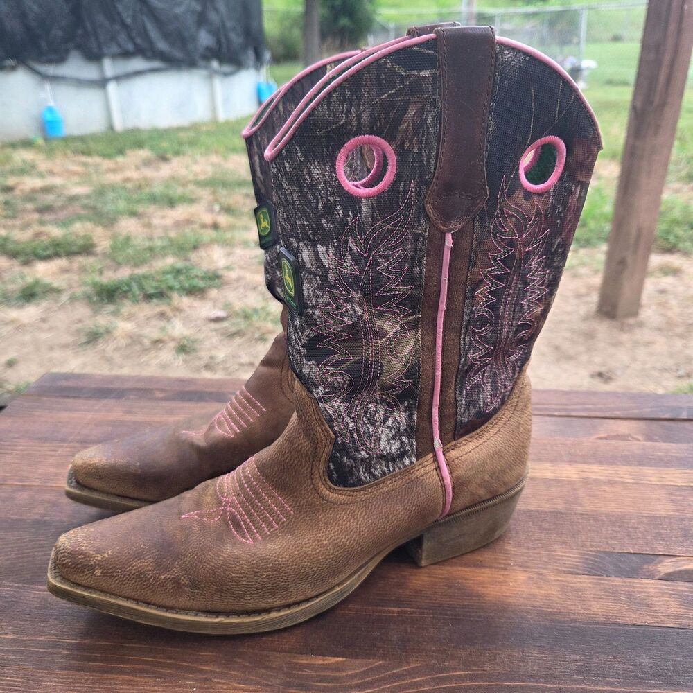 John Deere Women's Cowboy Boots 6M Camo Pink Brown Leather Western Cowgirl